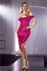 Cinderella Divine CH190 Off Shoulder Sequins Asymmetric Party Dress - FUCHSIA / XS - Dress