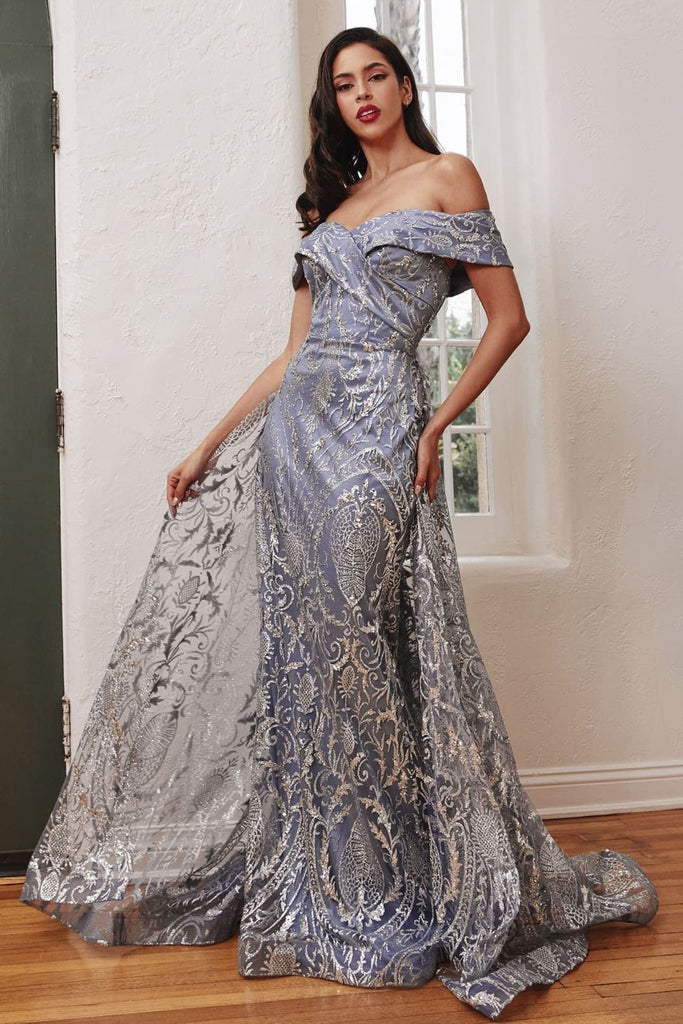 Cinderella Divine J836 Prom Glitter Dress With Train - SMOKY BLUE / 6 - Dress