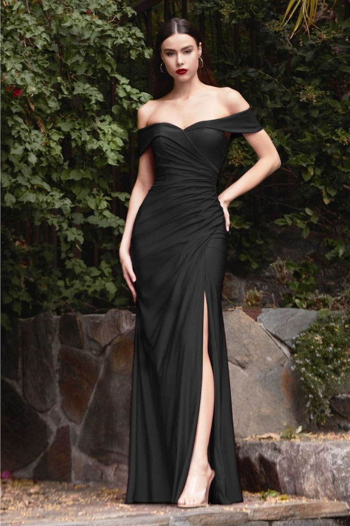 Cinderella Divine KV1050 Sweetheart Fitted Off-Shoulder Evening Gown - BLACK / 4 - Dress