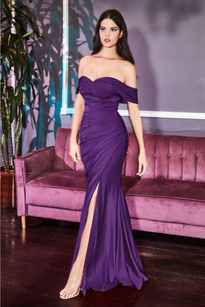 Cinderella Divine KV1050 Sweetheart Fitted Off-Shoulder Evening Gown - EGGPLANT / 2 - Dress