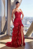 Cinderella Divine KV1095 Sexy Strapless Mermaid Layered Ruffle Dress - DEEP RED / 2 - Dress