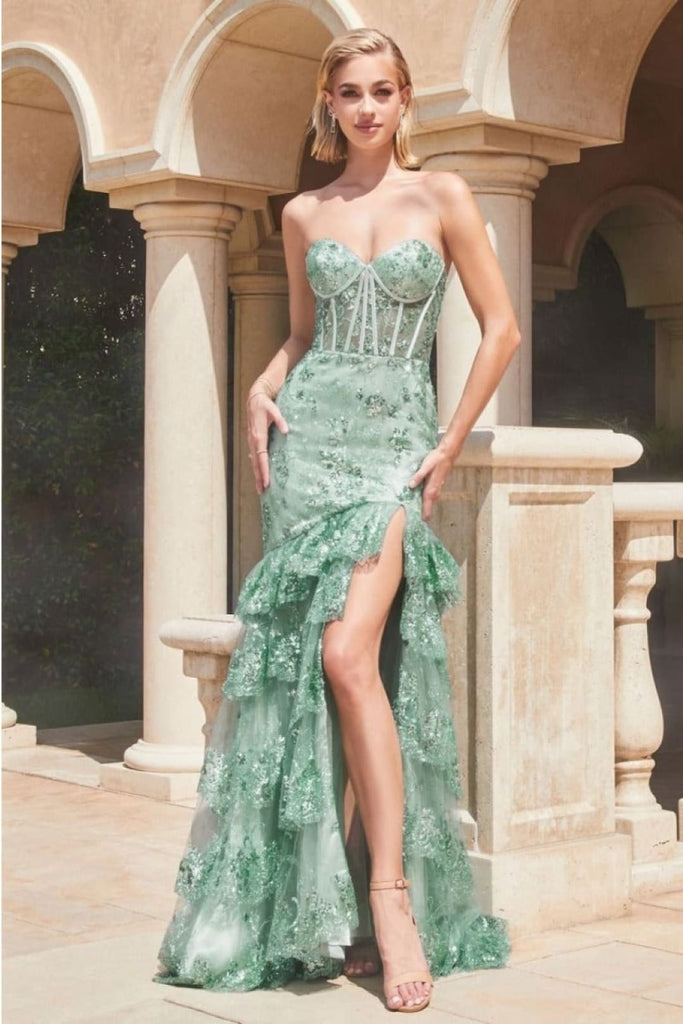 Cinderella Divine KV1095 Sexy Strapless Mermaid Layered Ruffle Dress - SAGE / 2 - Dress