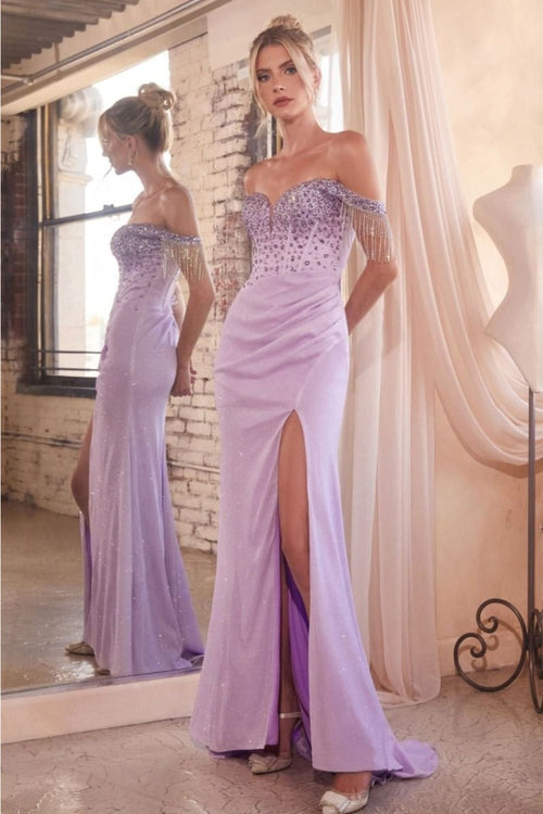 Cinderella Divine OC020 Off-Shoulder Fitted Corset Shimmering Gown - LAVENDER / 2 - Dress