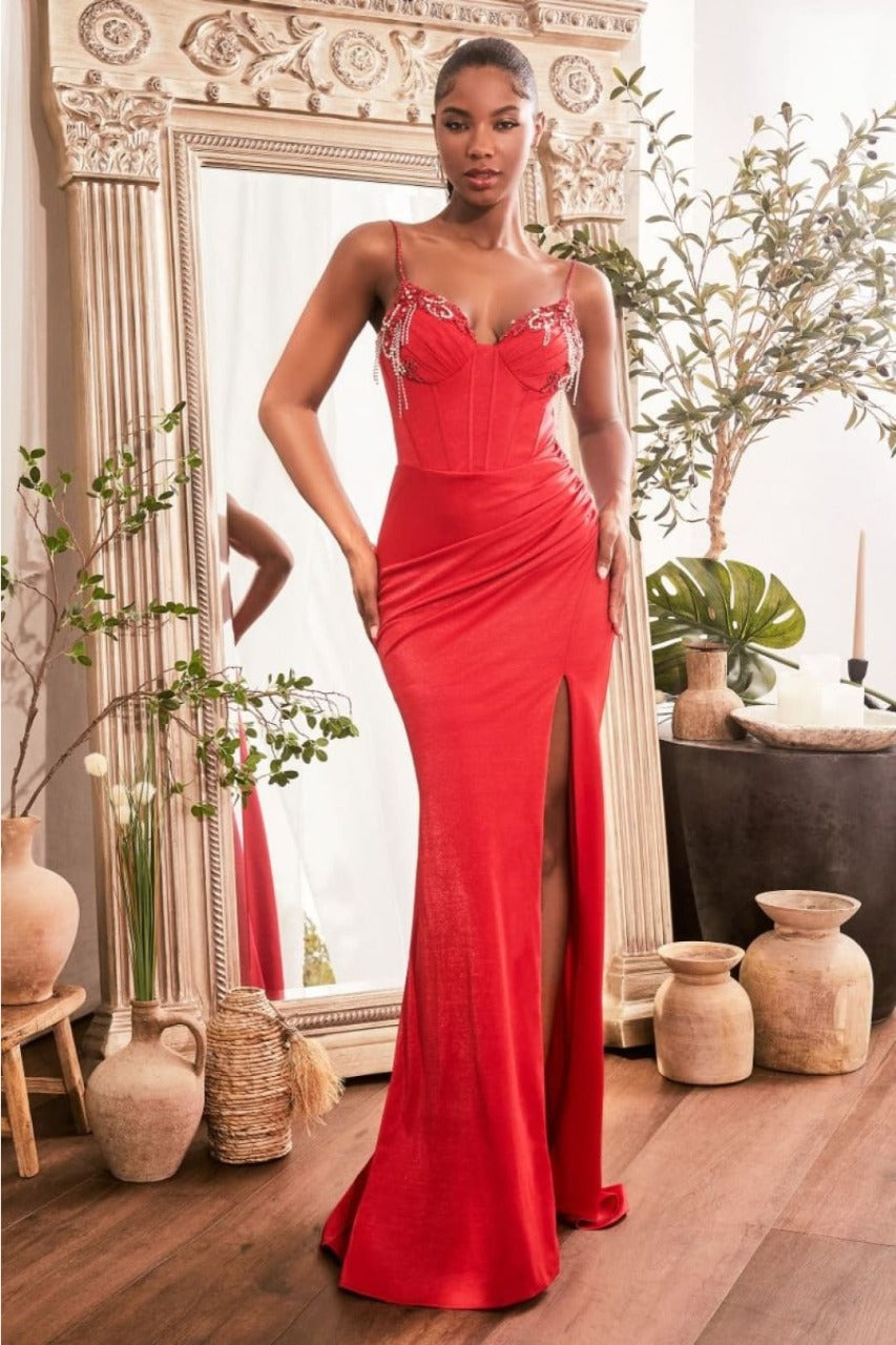 Cinderella Divine OC021 Sexy Embellished Fitted Corset Long Prom Dress - RED / 4 - Dress