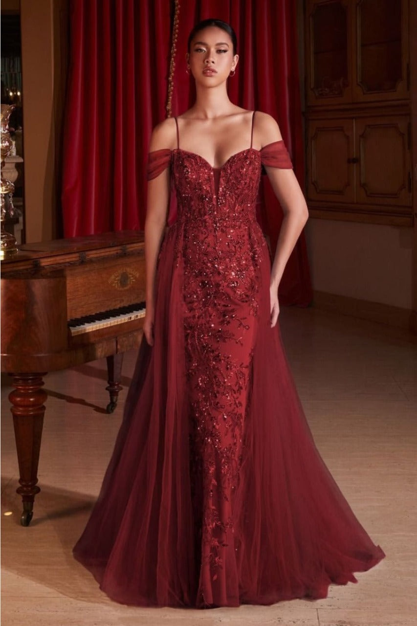 Cinderella Divine SF009 Fitted A-line Embellished Layered Tulle Dress - BURGUNDY / 6 - Dress
