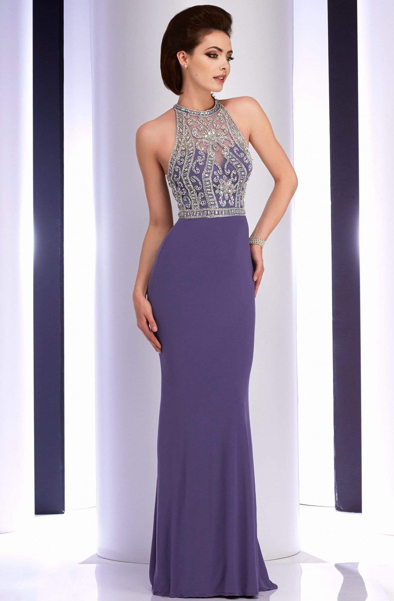 Clarisse - 2807 Crystal Festooned Halter Gown Special Occasion Dress 10 / Smoke