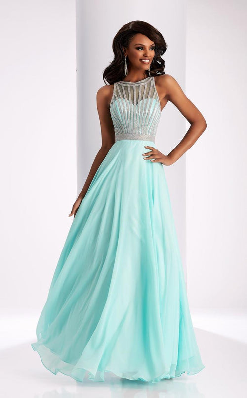 Clarisse 3068 A-Line Halter Open-Back Glitter Blend Dress