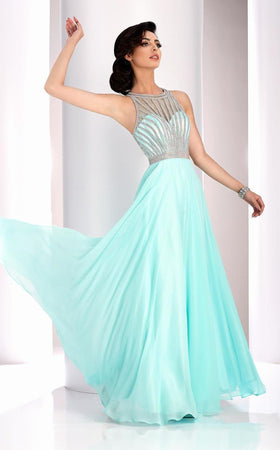 Clarisse 3068 A-Line Halter Open-Back Glitter Blend Dress