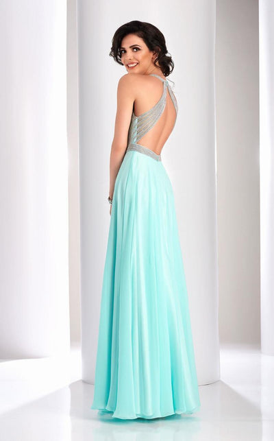 Clarisse 3068 A-Line Halter Open-Back Glitter Blend Dress