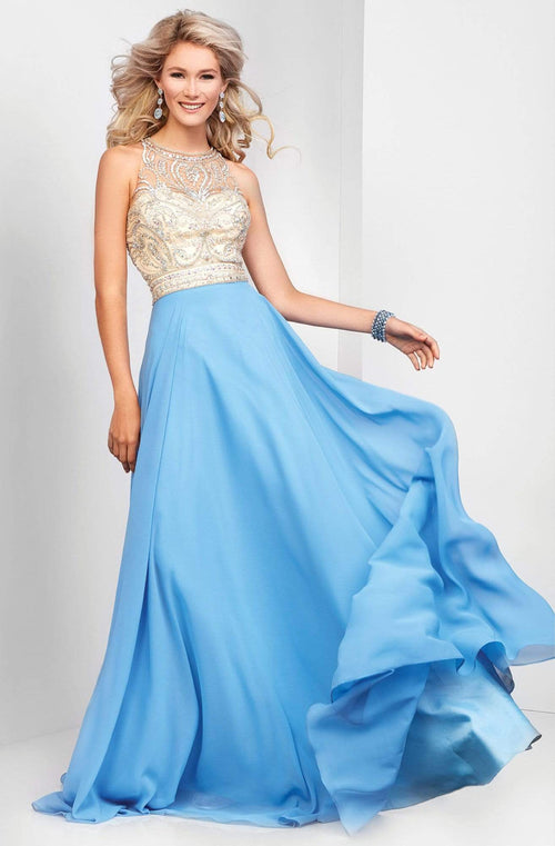 Clarisse 3465 A-Line Halter Open-Back Glitter Floor-Length Chiffon Dress