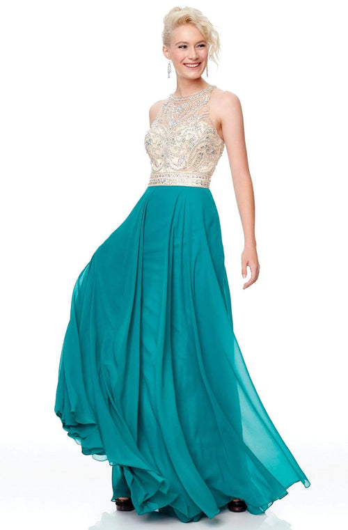 Clarisse 3465 A-Line Halter Open-Back Glitter Floor-Length Chiffon Dress
