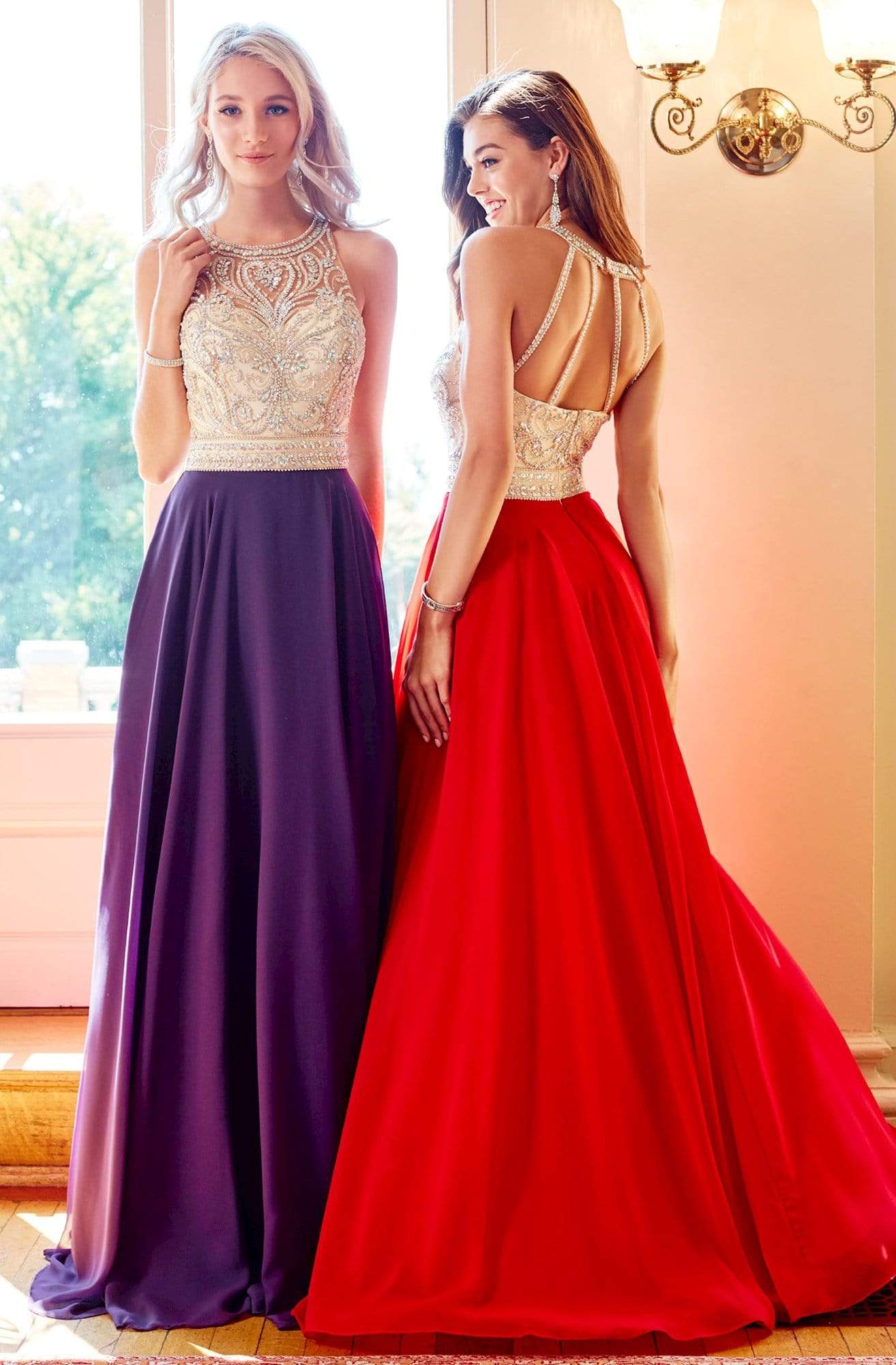 Clarisse 3465 A-Line Halter Open-Back Glitter Floor-Length Chiffon Dress