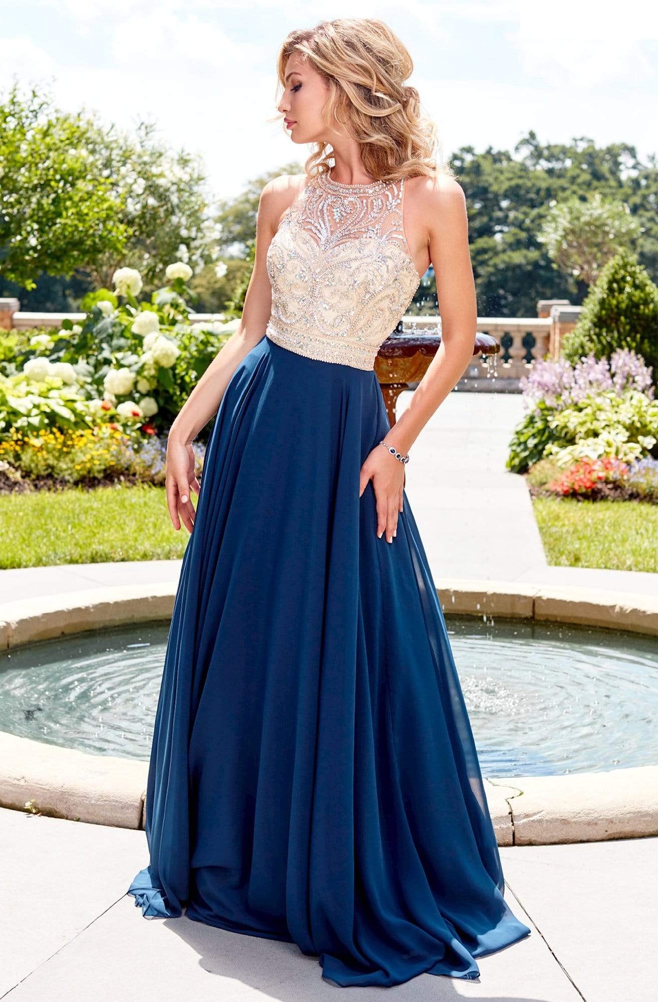 Clarisse 3465 A-Line Halter Open-Back Glitter Floor-Length Chiffon Dress