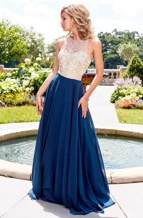 Clarisse 3465 A-Line Halter Open-Back Glitter Floor-Length Chiffon Dress