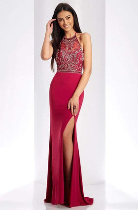 Clarisse 3513 Halter Beaded Open-Back Slit Blend Dress