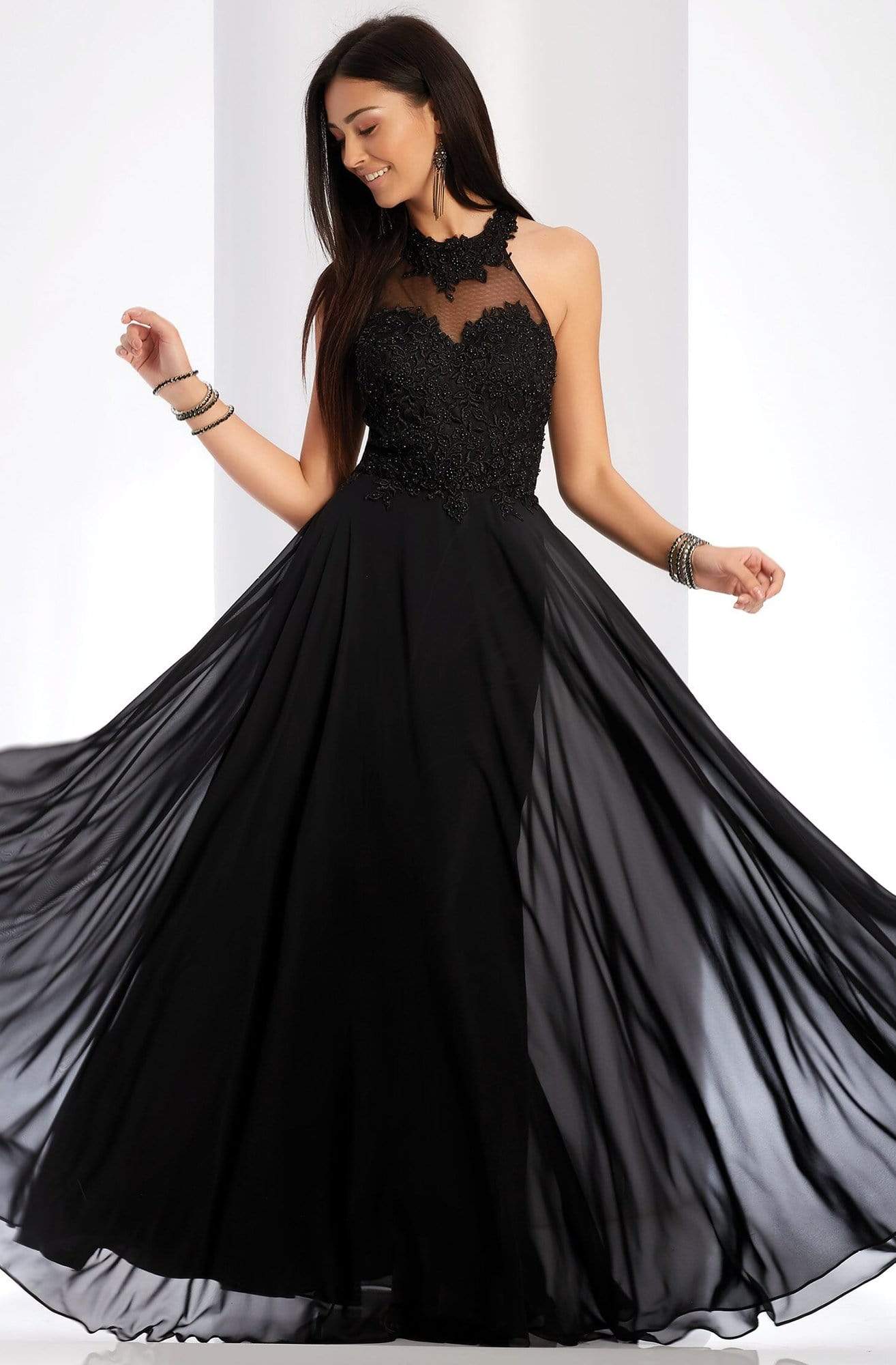 Clarisse 3528 A-Line Halter Lace Glitter Floor-Length Chiffon Dress