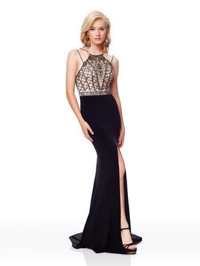 Clarisse 3723 Formal Prom Halter Beaded Slit Floor-Length Jersey Dress