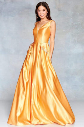 Clarisse 3741 Formal Prom A-Line V-Neck Beaded Floor-Length Satin Dress