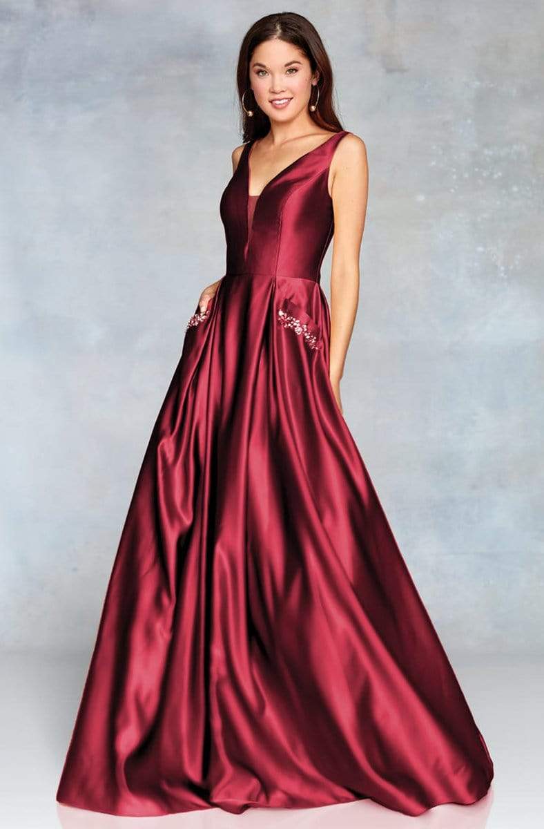 Clarisse 3741 Formal Prom A-Line V-Neck Beaded Floor-Length Satin Dress