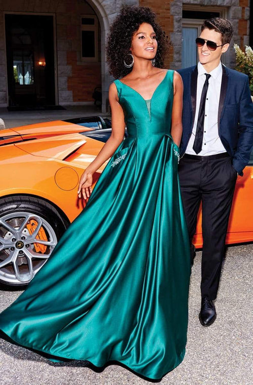 Clarisse 3741 Formal Prom A-Line V-Neck Beaded Floor-Length Satin Dress