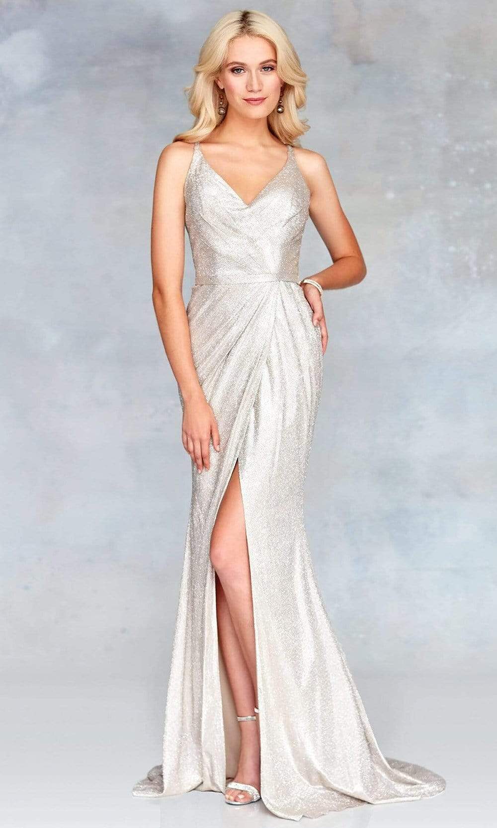 Clarisse - 3766 V Neck Strappy Back Glitter Knit Evening Gown Evening Dresses 0 / Champagne