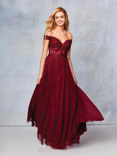 Clarisse - 3774 Lace Appliqued Corset Lace-Up Back Chiffon Prom Gown Prom Dresses 0 / Wine