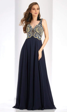 Clarisse 4924 Evening A-Line V-Neck Beaded Floor-Length Chiffon Dress