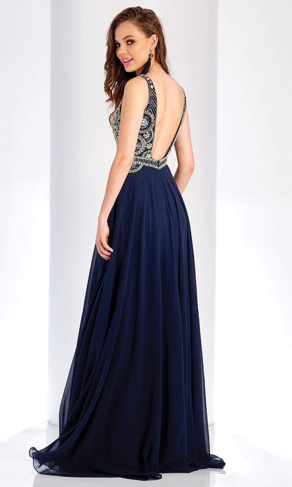 Clarisse 4924 Evening A-Line V-Neck Beaded Floor-Length Chiffon Dress