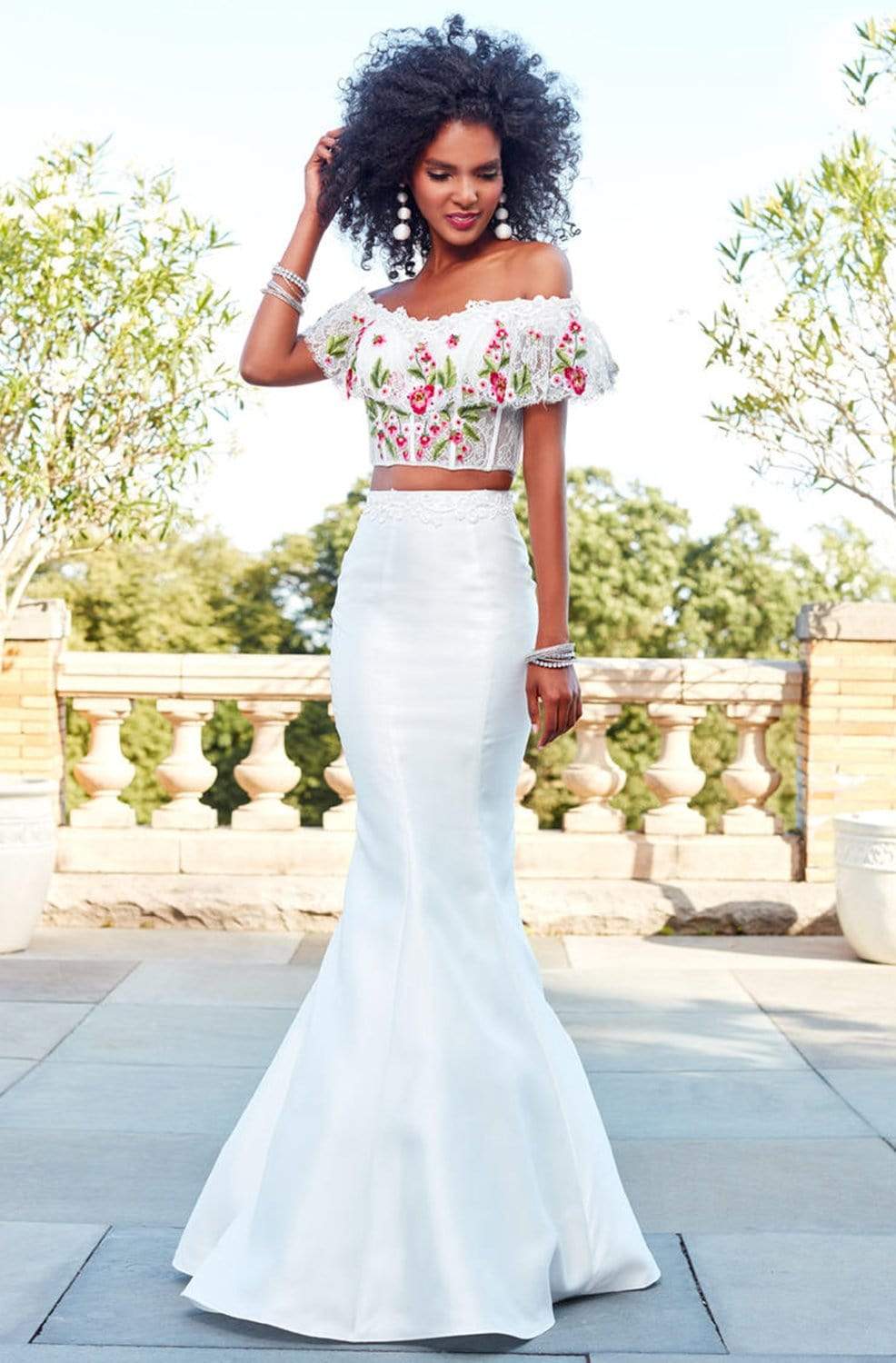 mermaid dress two piece Off-Shoulder Lace Corset Floor-Length Lace 4955 by Clarisse 16 / White/Multi Color:Med Grey Dress - Women Waist Two Best Wide Dress Shoes: