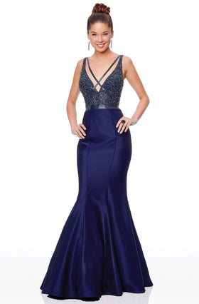 Clarisse 5027 Mermaid V-Neck Beaded Open-Back Floor-Length Satin Dress