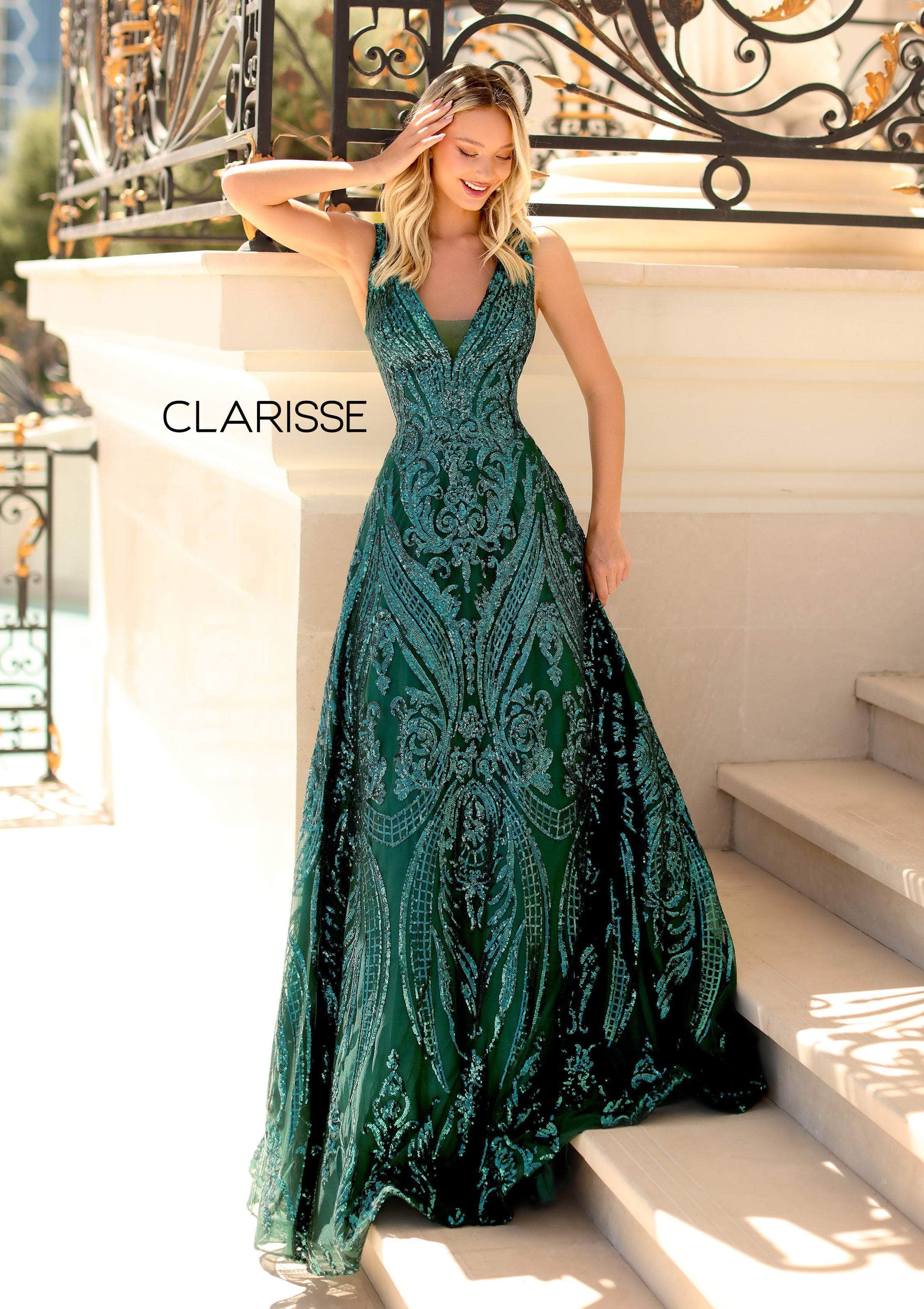 Clarisse - 5105 Plunging V-Neck Pattern-Sequined A-Line Gown Prom Dresses 0 / Forest Green