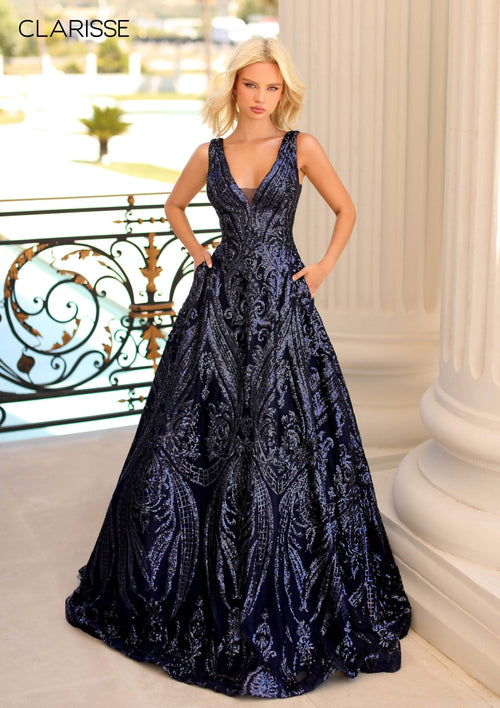Clarisse 5105 A-Line V-Neck Sequin Open-Back Floor-Length Sequin Dress