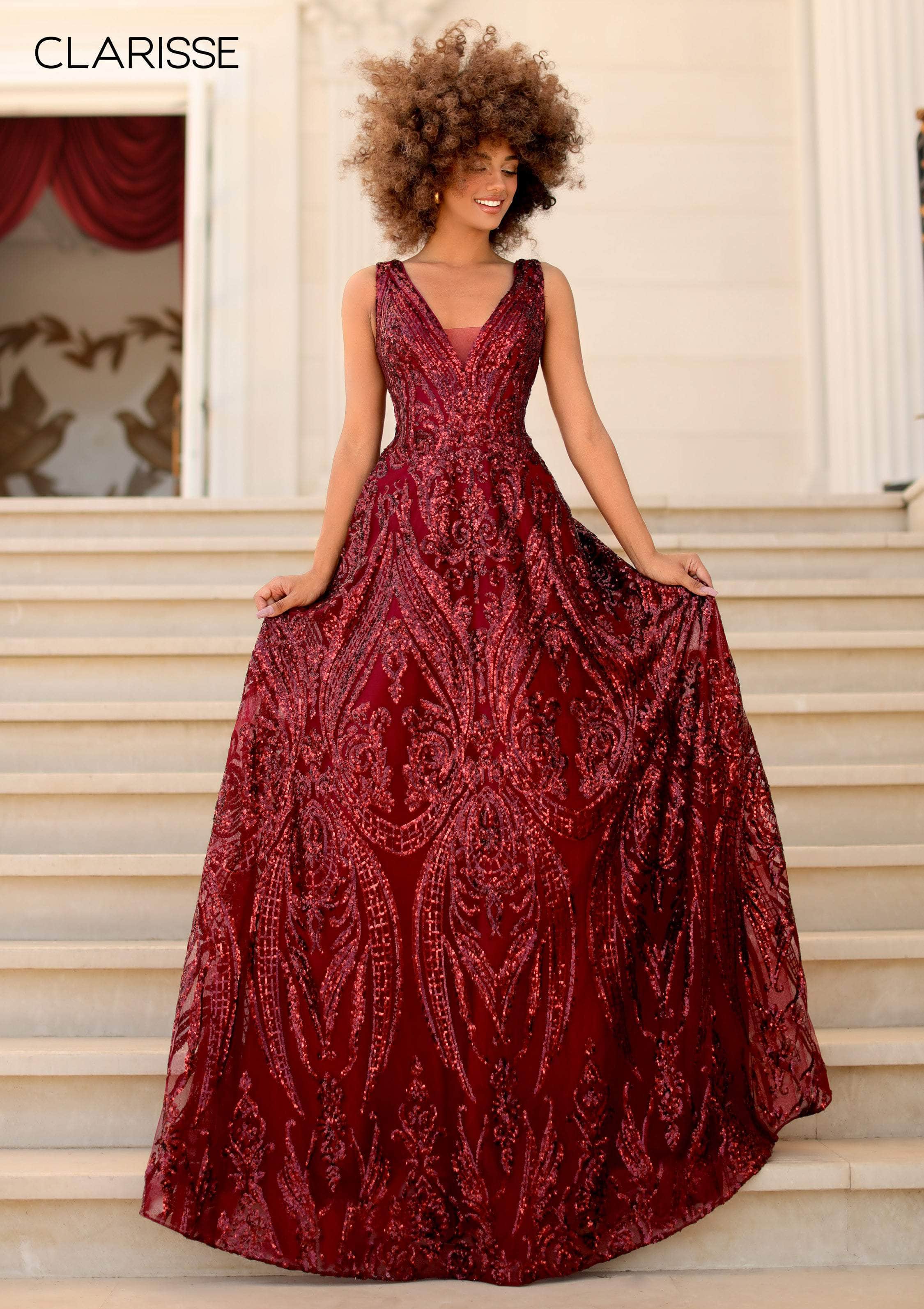 Clarisse 5105 A-Line V-Neck Sequin Open-Back Floor-Length Sequin Dress