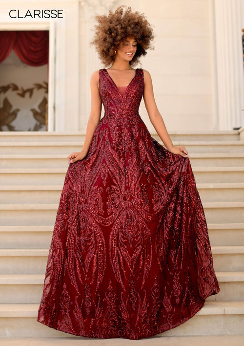 Clarisse 5105 A-Line V-Neck Sequin Open-Back Floor-Length Sequin Dress