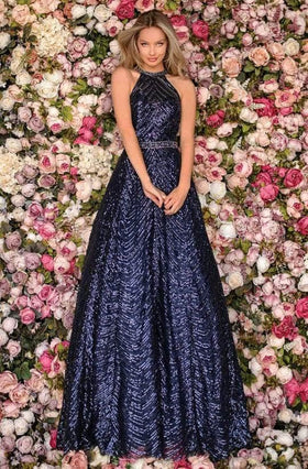 Clarisse 5112 A-Line Halter Sequin Open-Back Floor-Length Mesh Dress