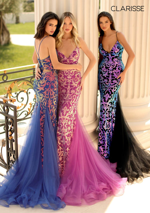 Clarisse 800227 Formal Mermaid V-Neck Sequin Lace Floor-Length Lace Dress