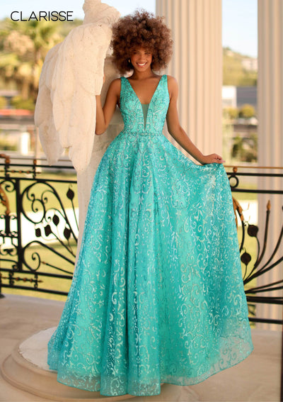 Clarisse - 800309 Sleeveless Sequined Motif A-Line Gown Prom Dresses 0 / LightJade