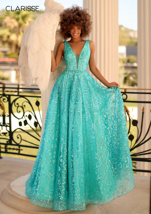 Clarisse - 800309 Sleeveless Sequined Motif A-Line Gown Prom Dresses 0 / LightJade