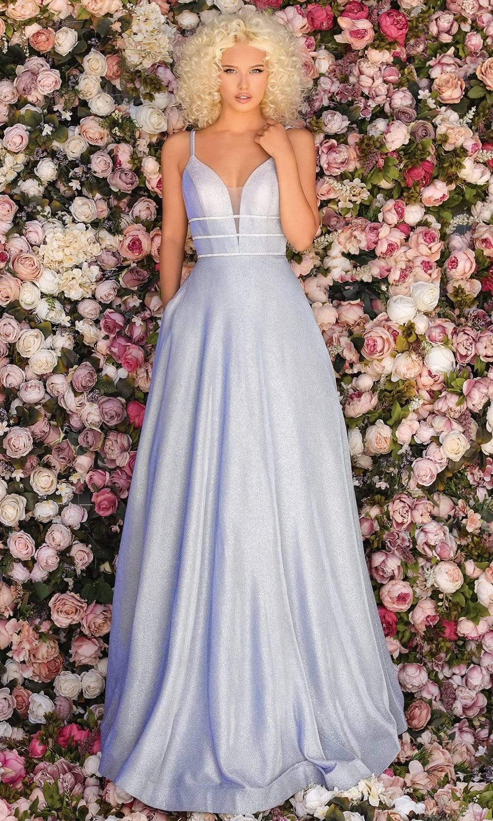Clarisse - 8008 Plunging Beaded Bodice Metallic A-Line Gown Prom Dresses 0 / Shimmer Blue