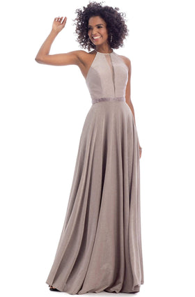 Clarisse 8051 A-Line Halter Beaded Open-Back Blend Dress