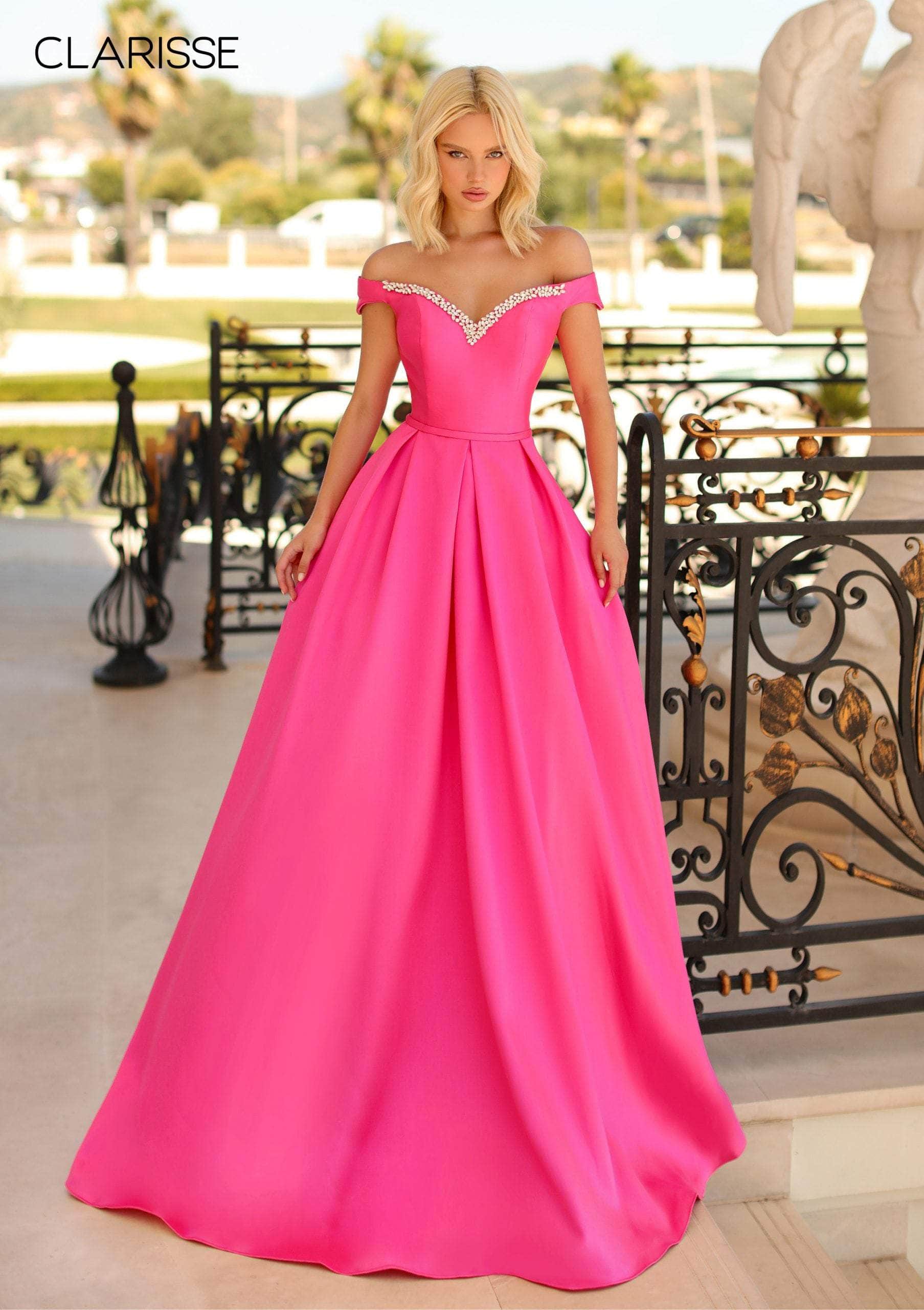 Clarisse - 8057 Off Shoulder Jeweled Crystal Neck Silk Gown Evening Dresses