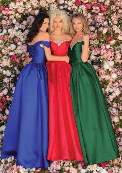 Clarisse - 8057 Off Shoulder Jeweled Crystal Neck Silk Gown Evening Dresses