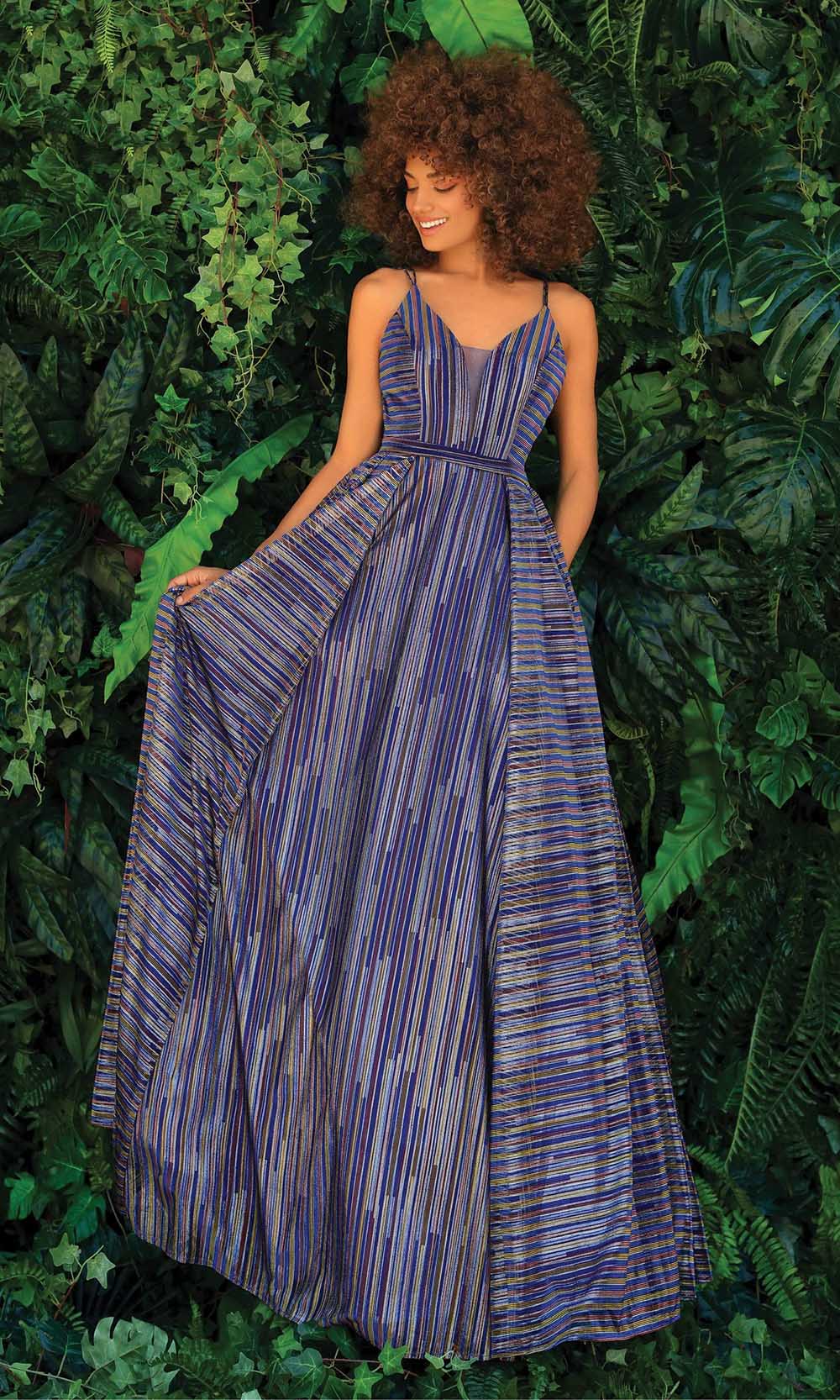 Clarisse - 810168 Striped V-Neck Ballgown Prom Dresses 2 / Royal Multi
