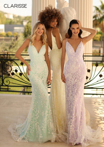 Clarisse 810234 Sheath V-Neck Beaded Lace Limited Floor-Length Lace Dress