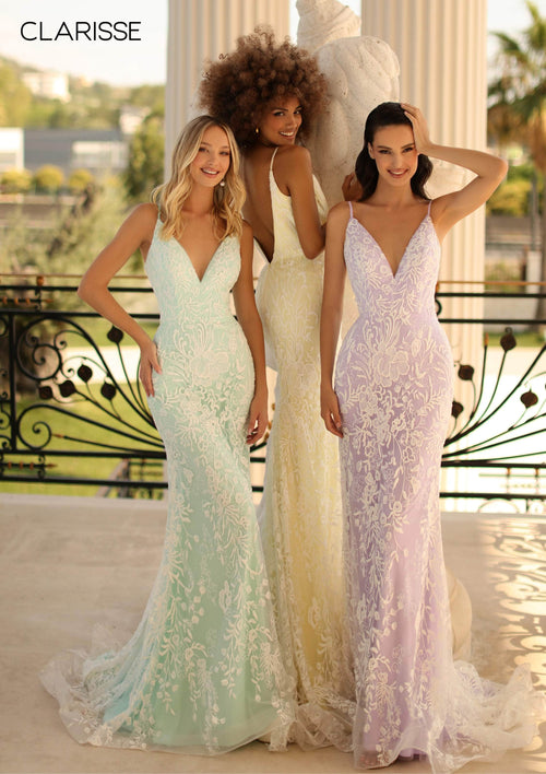 Clarisse 810234 Sheath V-Neck Beaded Lace Limited Floor-Length Lace Dress