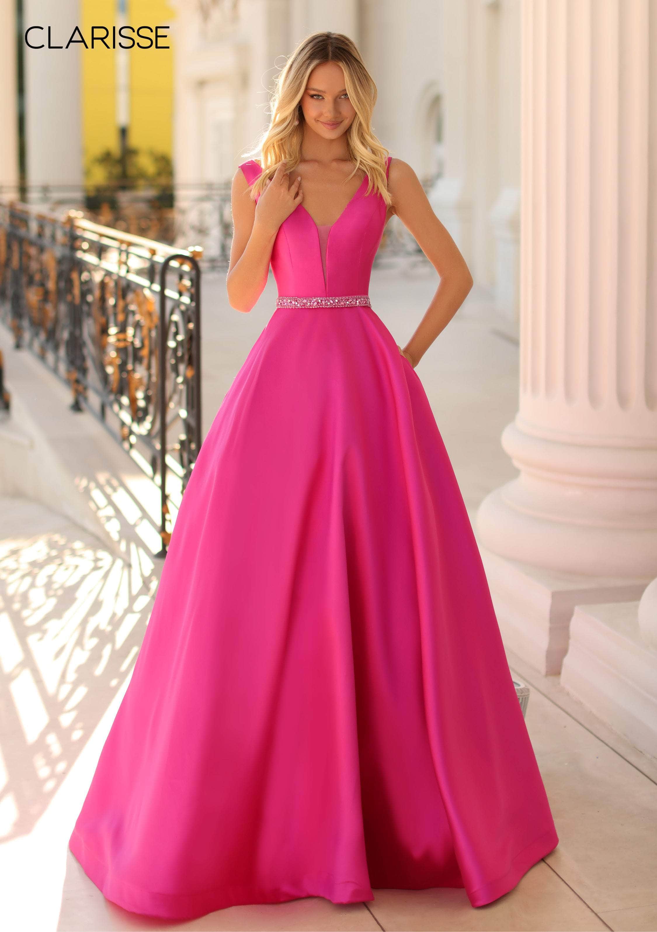Clarisse 810269 A-Line V-Neck Beaded Open-Back Blend Dress