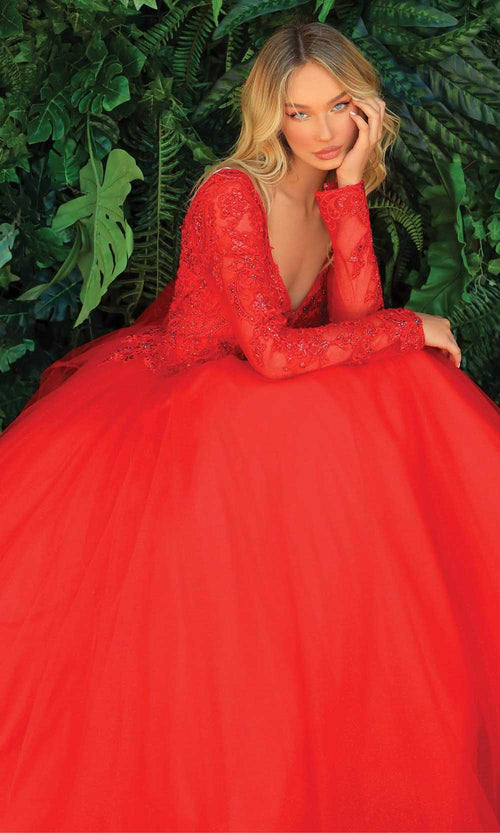 Clarisse 810289 Evening A-Line V-Neck Lace Floor-Length Tulle Dress