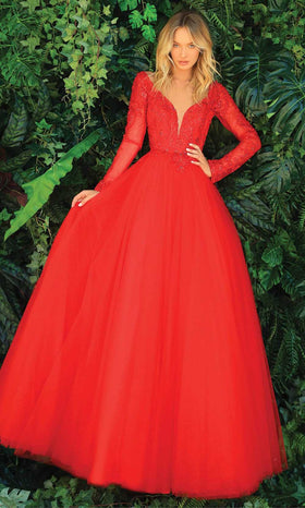 Clarisse 810289 Evening A-Line V-Neck Lace Floor-Length Tulle Dress