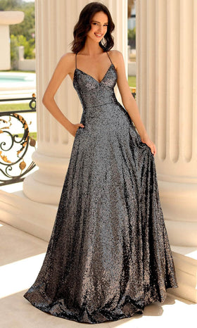 Clarisse 810407 A-Line V-Neck Sequin Lace Limited Floor-Length Lace Dress