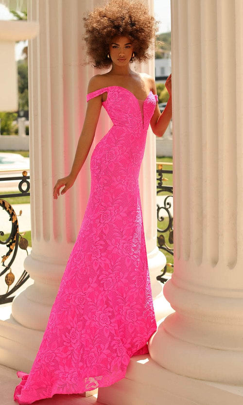 Clarisse 810447 Sheath Off-Shoulder Lace Slit Floor-Length Lace Dress